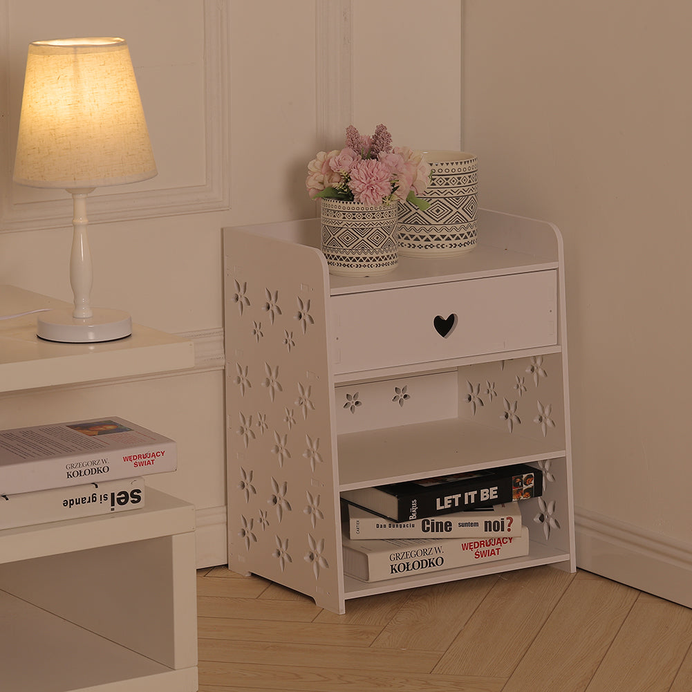 Hollow Carved Flower Pattern Side Table Nightstand With Drawer For Bedroom
