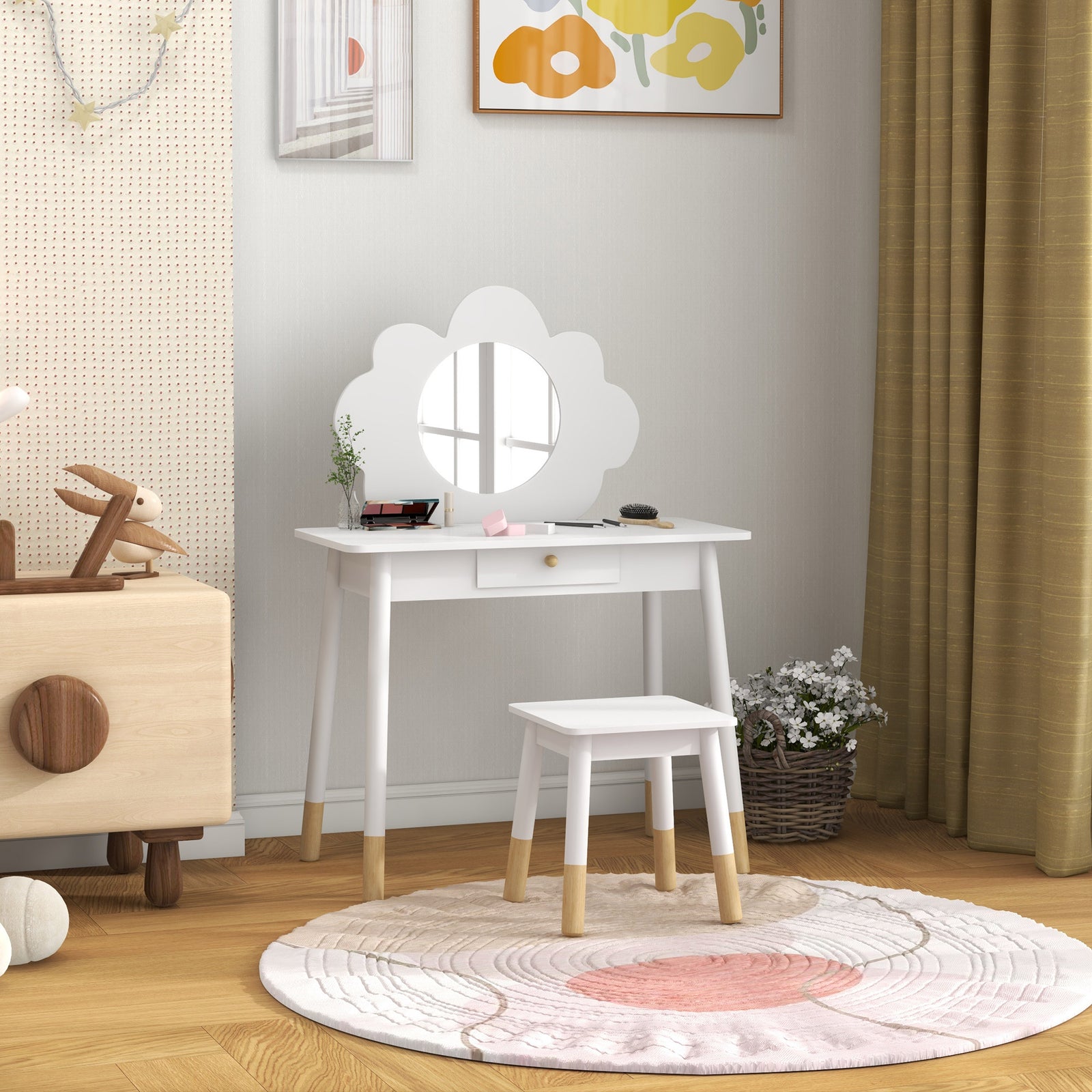 Kids Dressing Table With Mirror And Stool, Drawer, Cloud Design | White