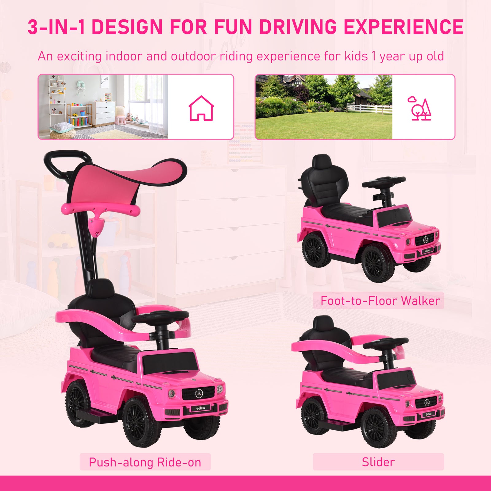 Kids Ride-on Push Car 3 In 1 Benz G350 Baby Floor Slider Walker | Pink