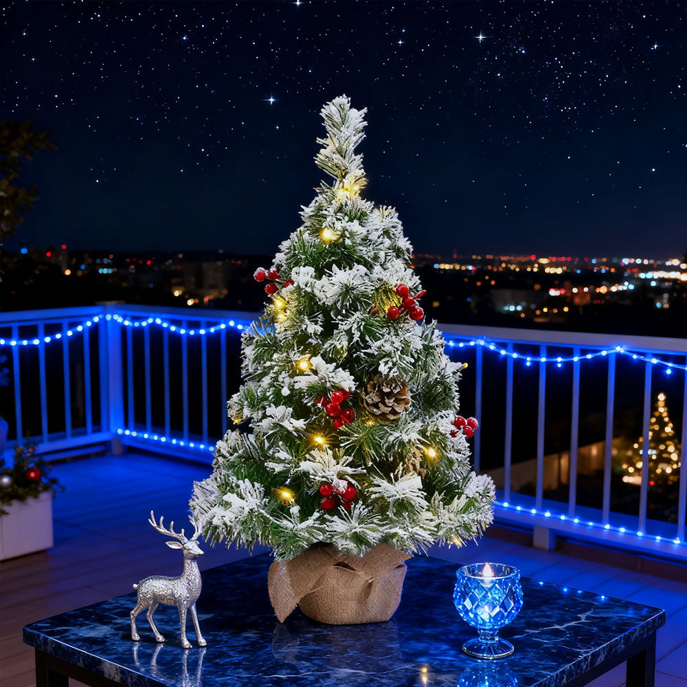 Mini Led Christmas Tree With Lifelike Pine Branches, Red Berries & Pinecones, Linen Base, 42cm Tabletop Holiday Decor