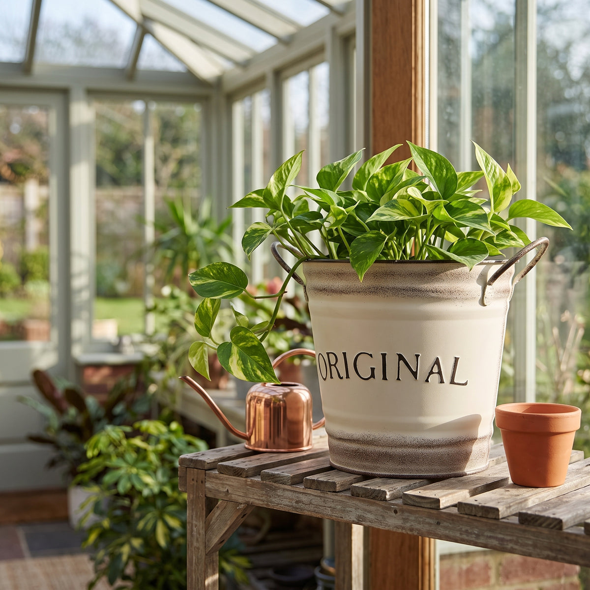 2-piece Retro Metal Plant Pot Set With Wooden Handle | Set of 2 | Cream & White