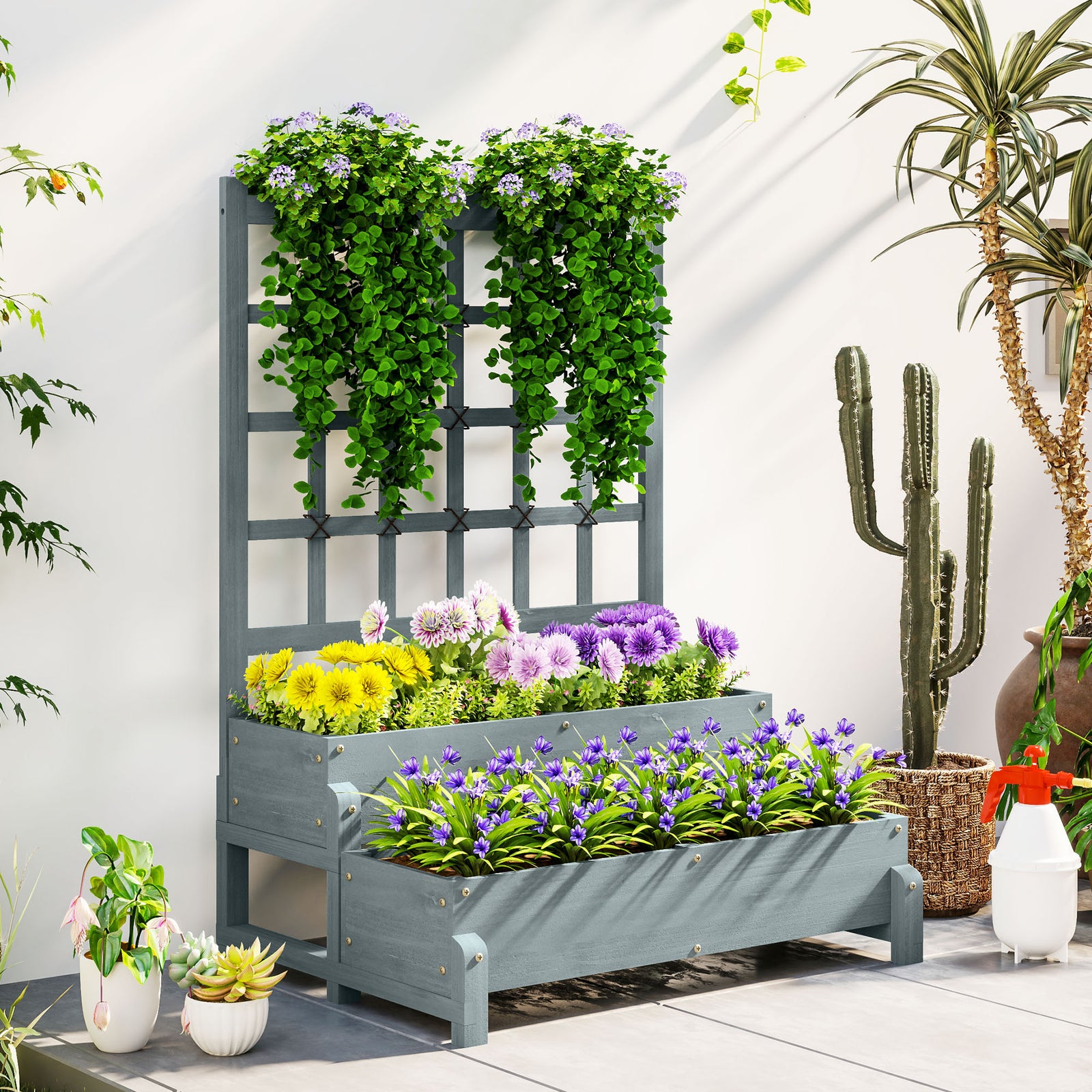 2-tier Raised Garden Bed With Trellis | Gray
