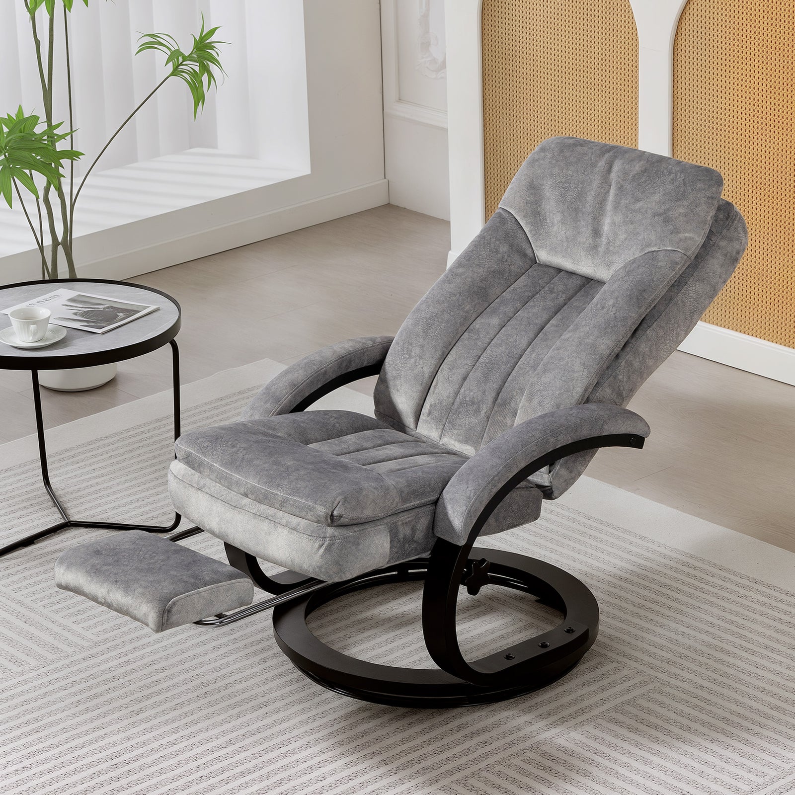 Manual Recliner Armchair With Footrest, Wooden Base | Grey