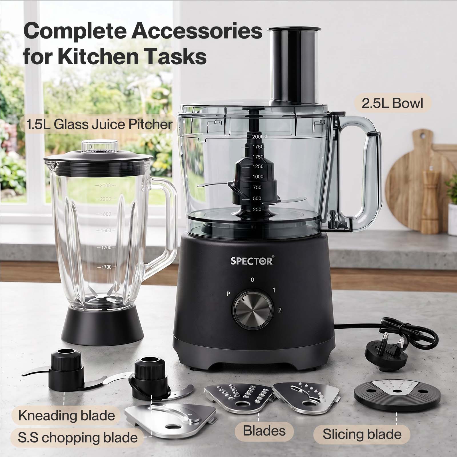 Spector Food Processor 1500w 2-speed Pulse 2.5l Chopper 1.5l Glass Jug
