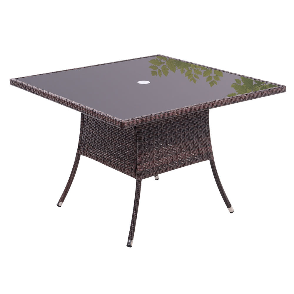 Square Garden Wicker Tempered Glass Table With Parasol Hole - 105cm X 72cm H | One Size | Brown