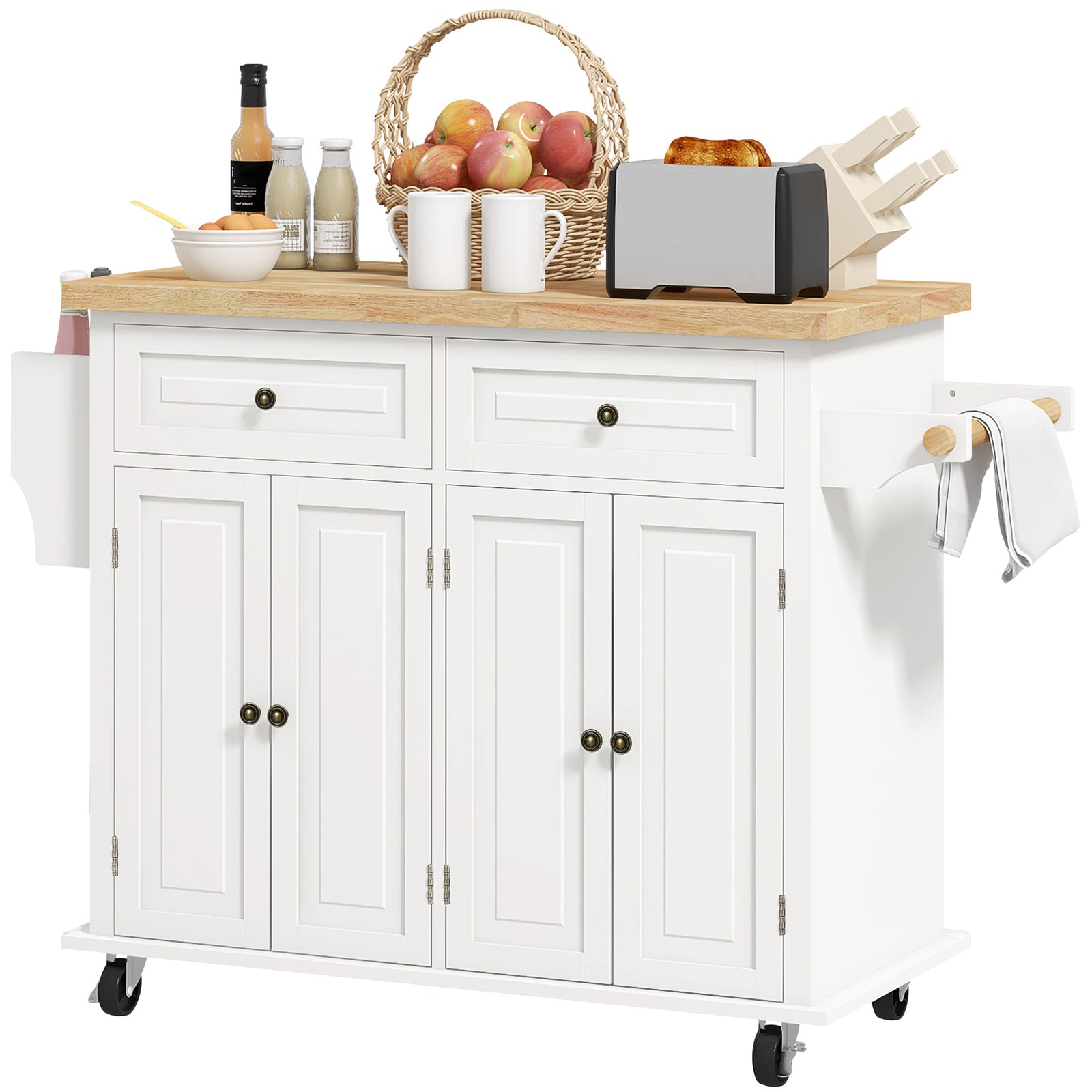 Rolling Kitchen Island Cart With Rubber Wood Top, Spices Cream White