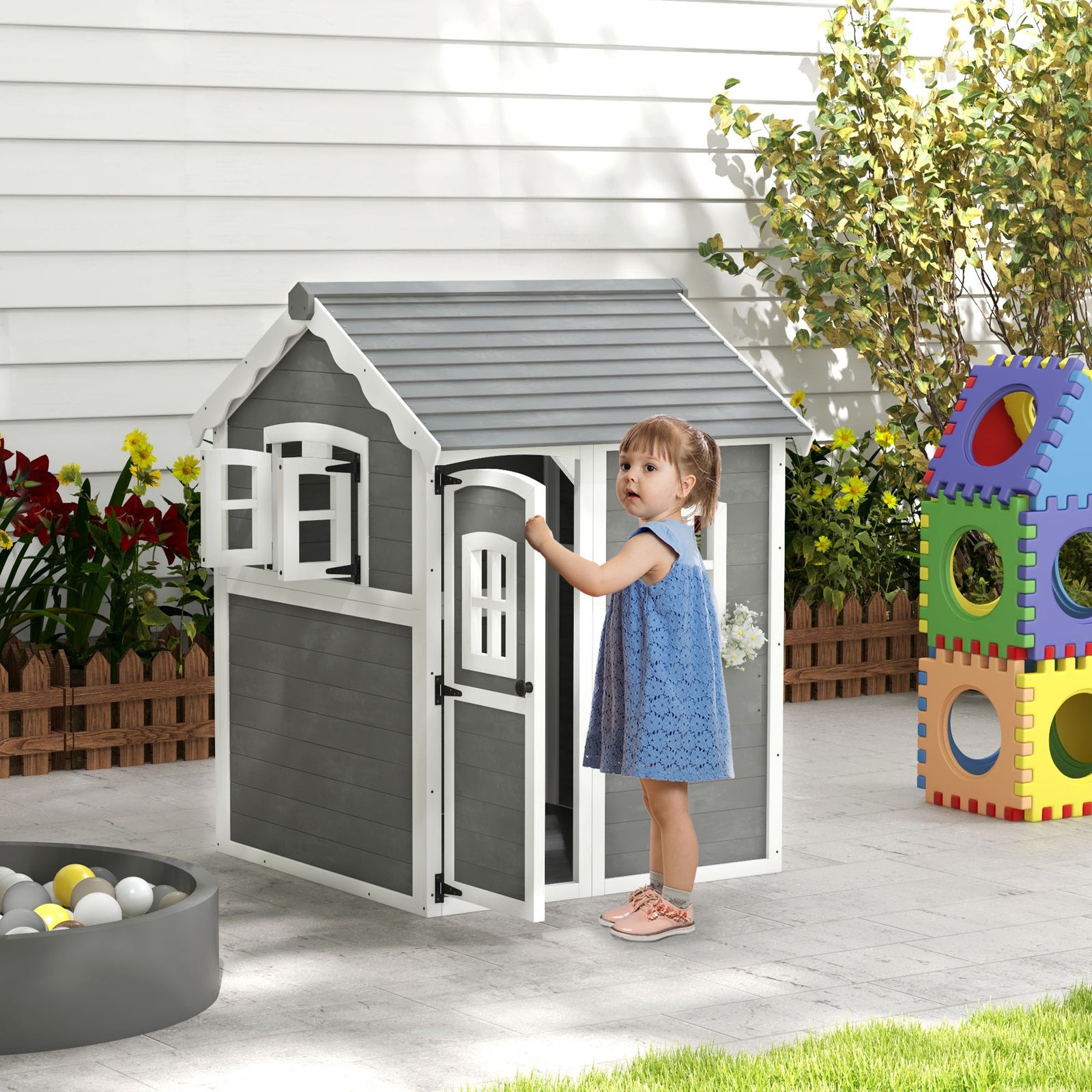 Wooden Wendy House For Kids With Floor, For Gardens, Patios - Grey