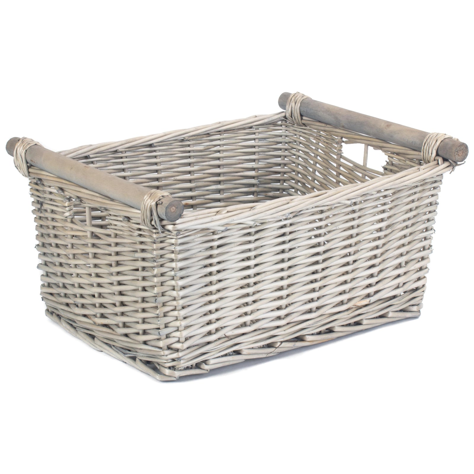 Wicker Grey Wash Wooden Handled Storage Basket | Large | Gray