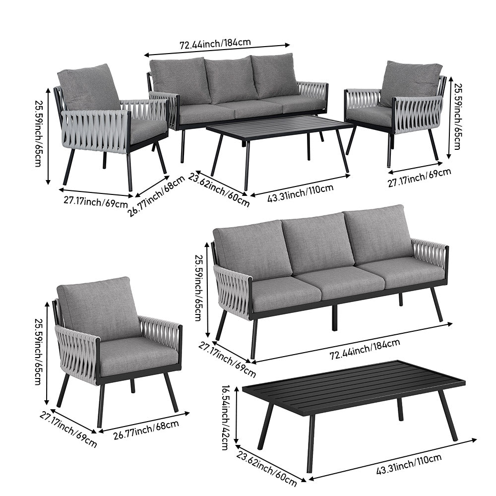 4-piece Garden Furniture Set With Sofa, 2 Armchairs & Table, Galvanised Steel Frame, Rope Weave Design, Weather-resistant Cushions | Grey