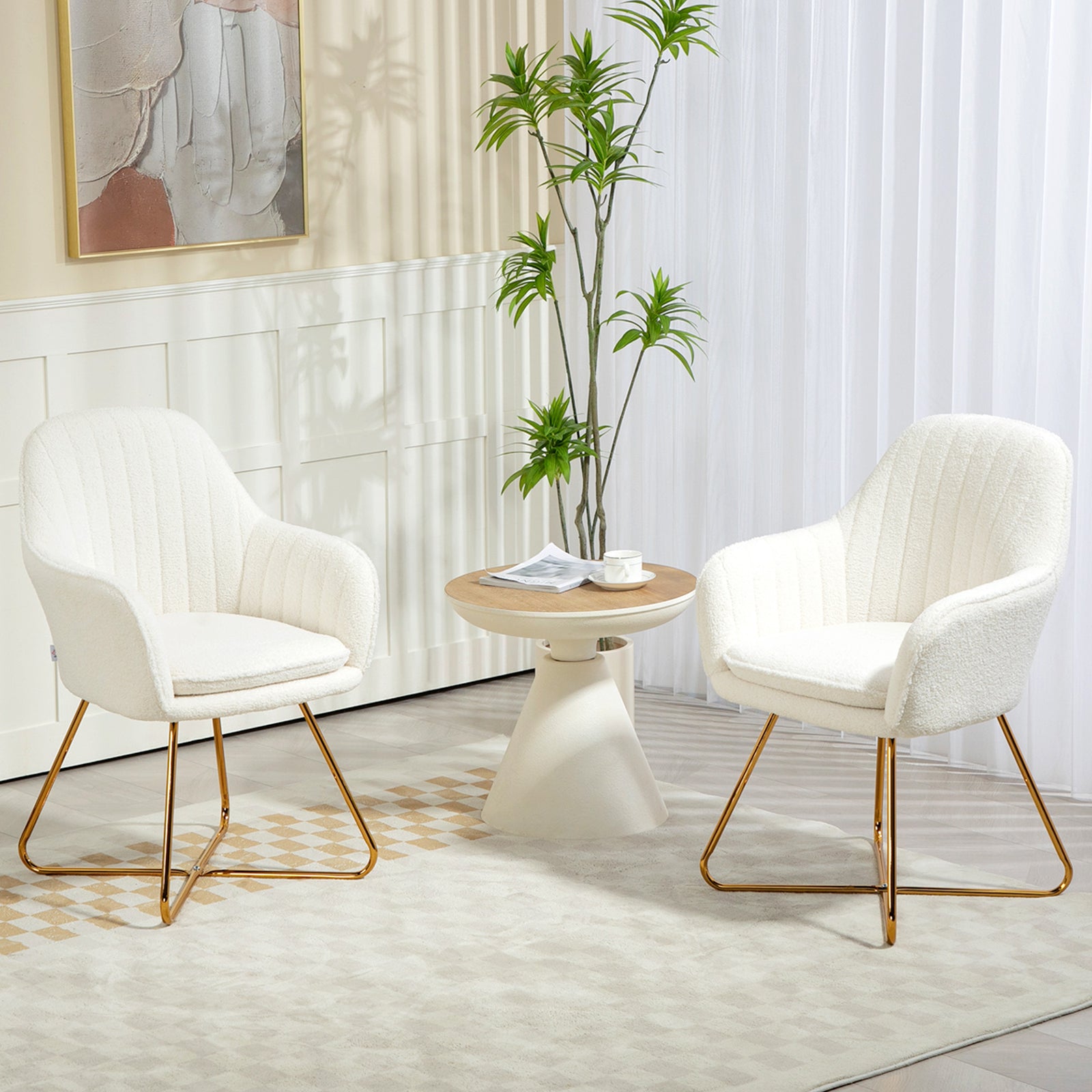 Accent Chair Set Of 2, Cashmere, Steel Legs, White