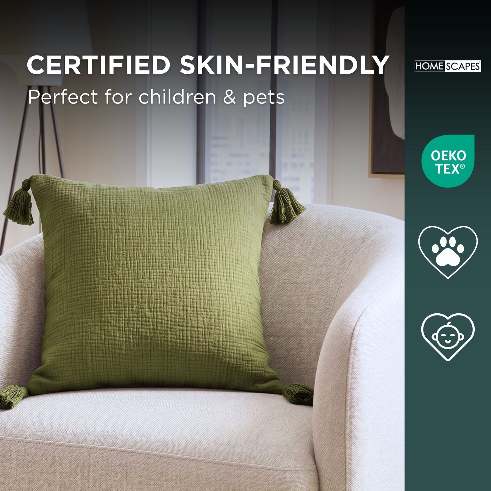 Pure Handmade Cotton Muslin Cushion With Cover | 45cm x 45cm | Green