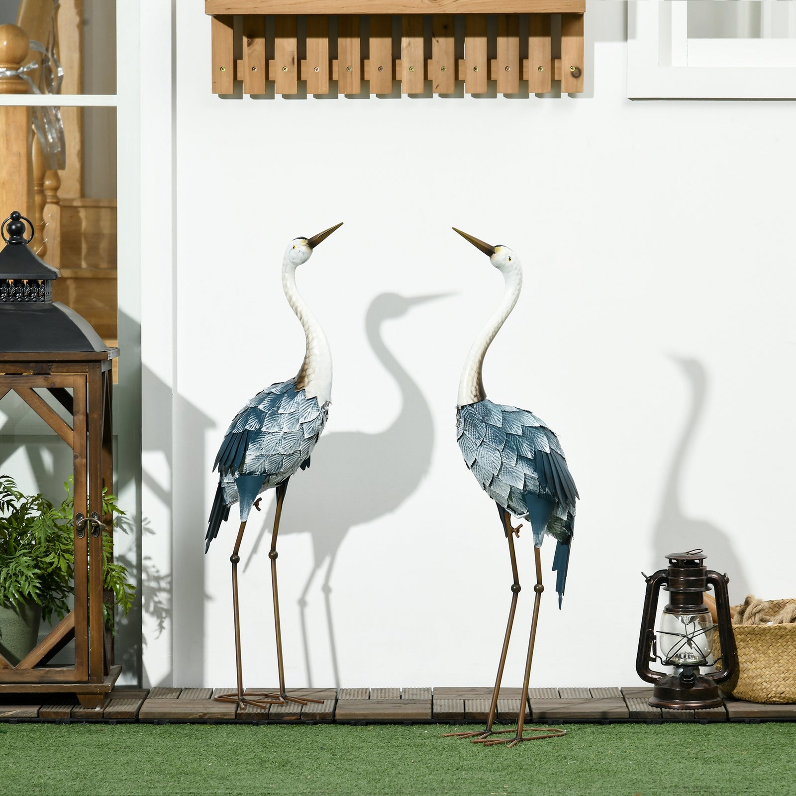 Crane Garden Statue Set, Steel, Multi-colour, Patio Decor