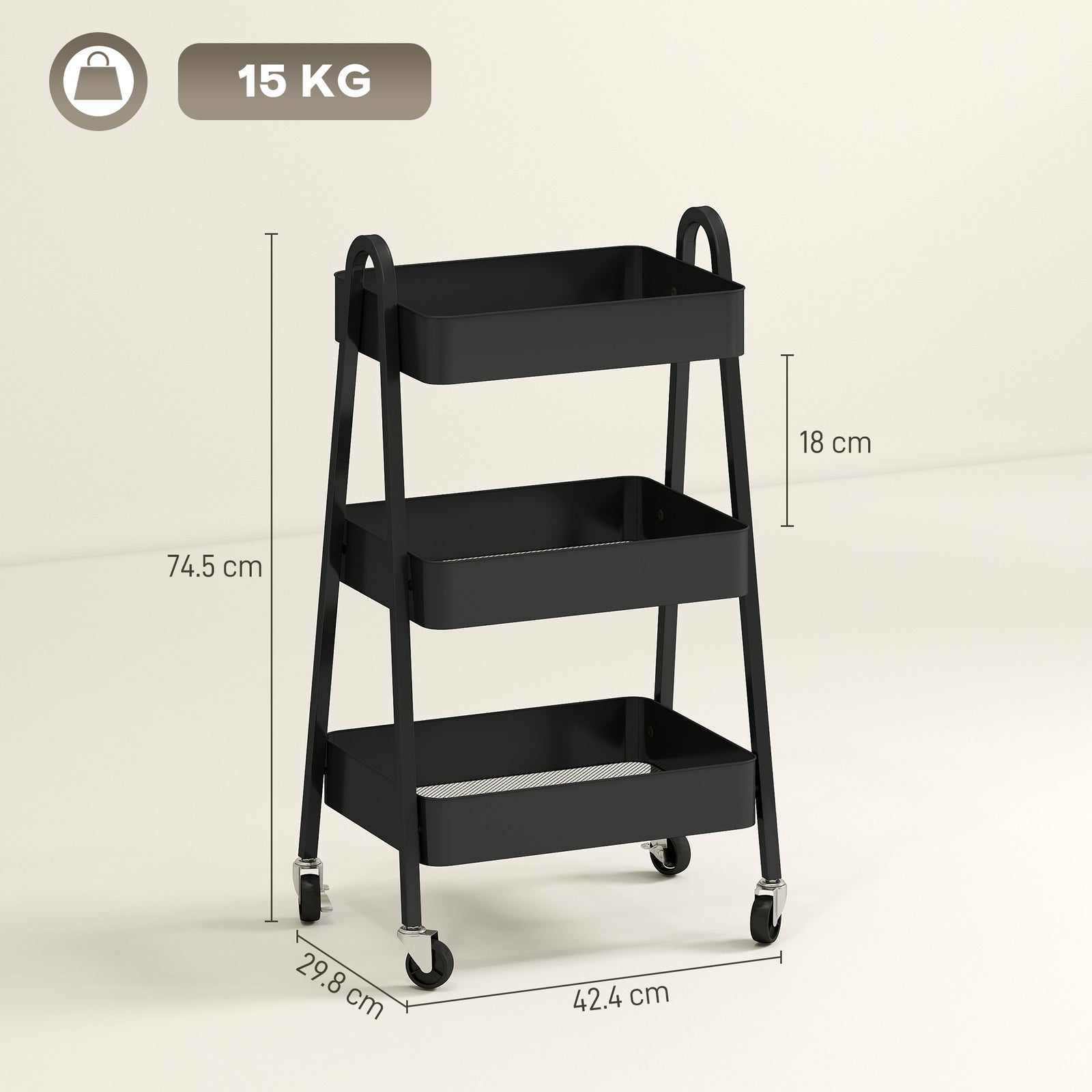 3-tier Kitchen Cart, Wheels | Black