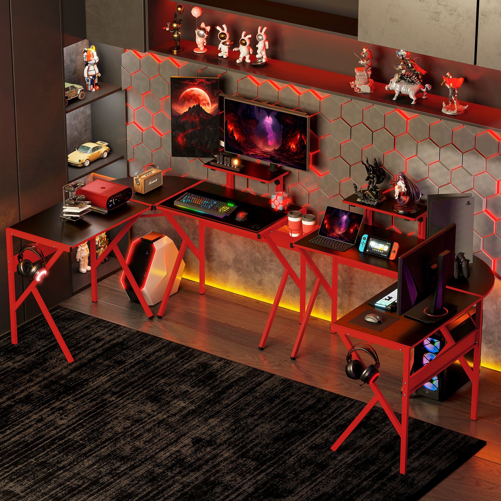 Corner Gaming Desk W/ Monitor Stand Cup Holder | Red
