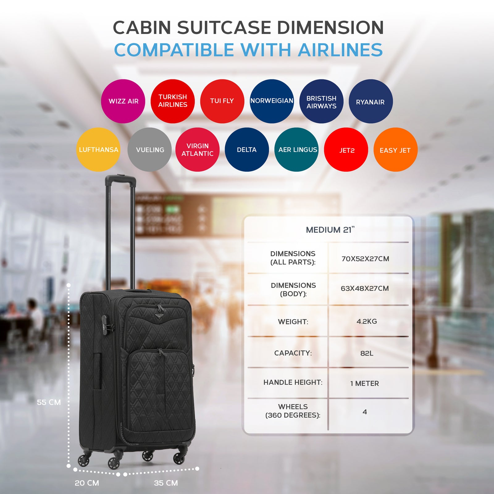 Medium 26" Lightweight 4 Wheel 800d Soft Case Quilted Suitcases Set Of 3 Anti Crack - Cabin & Hold Luggage 100+ Airlines Approved | Medium | Black