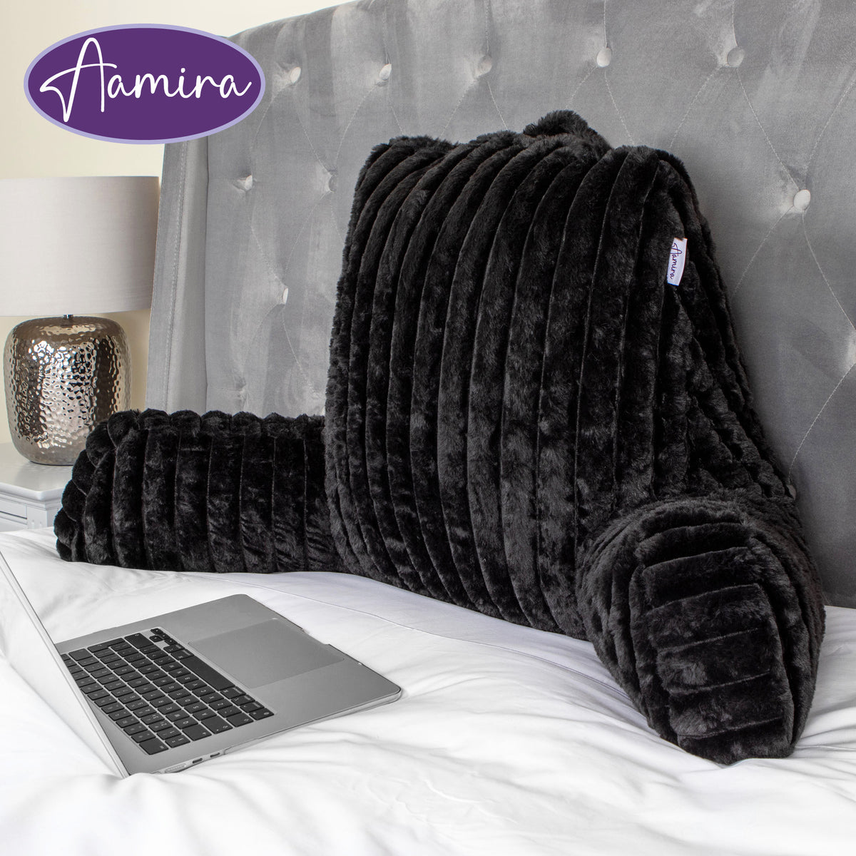 Deluxe Large Reading Pillow, Soft Ribbed Faux Fur, Shredded Memory Foam Cuddle Cuddle Cushion Backrest Arm Support | L | Black