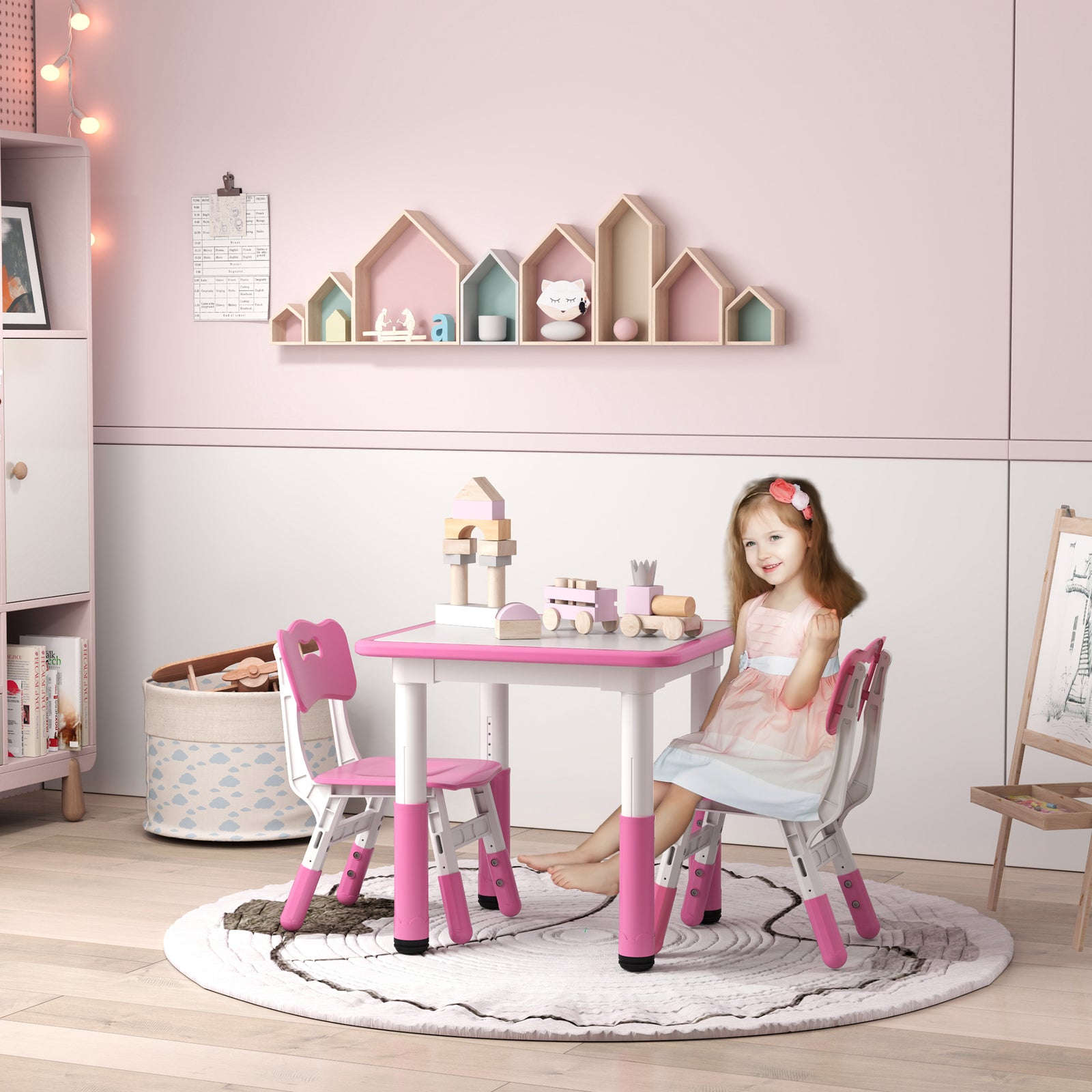 3 Pcs Height Adjustable Kids Table And Chair Set For Playroom | Pink