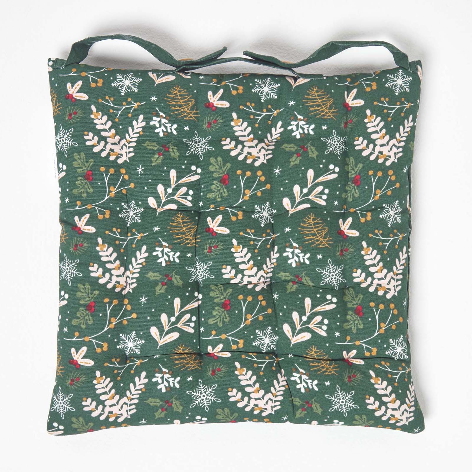 Christmas Seat Pad With Straps 100% Cotton 40 x 40cm | 40cm x 40cm | Green