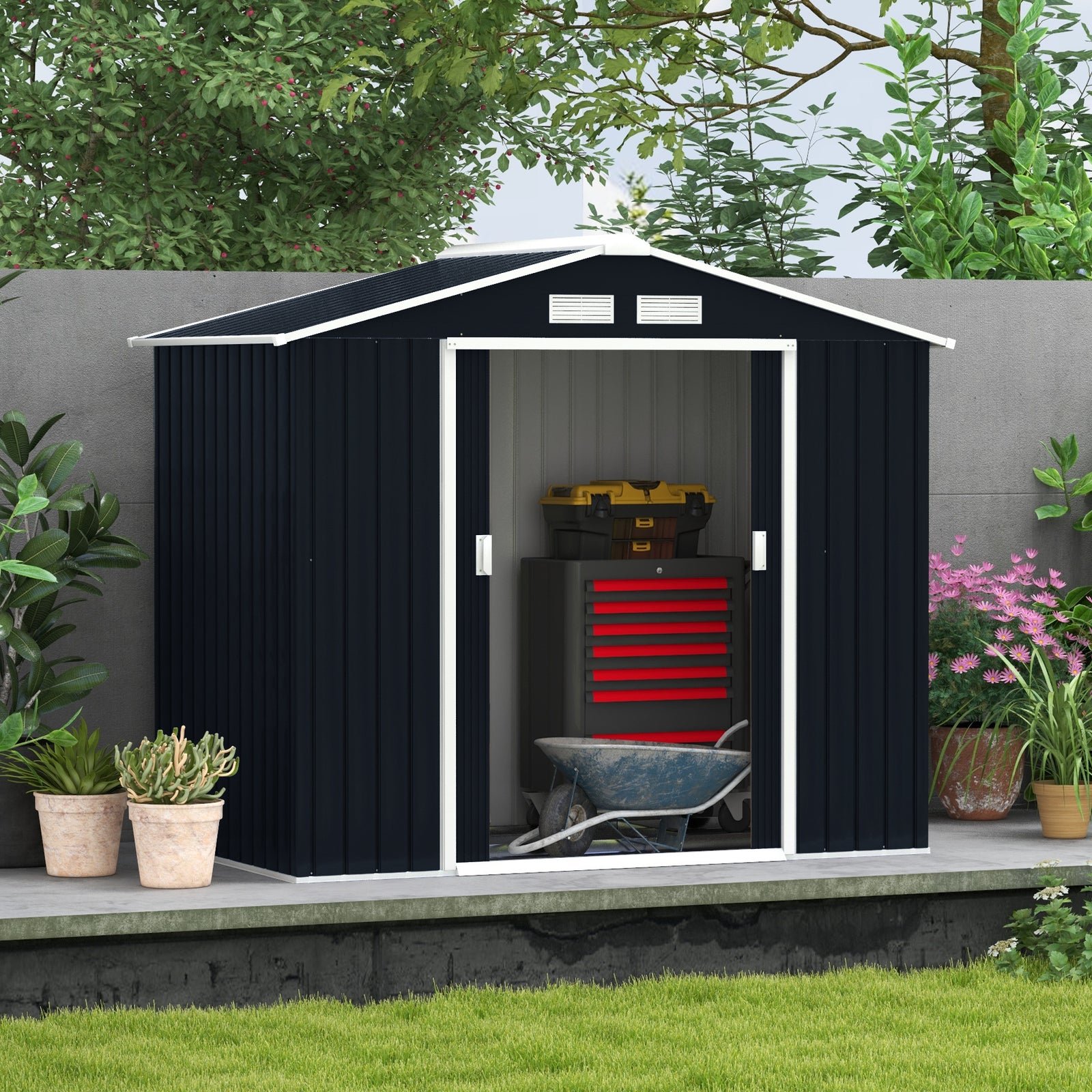 Garden Shed Storage Unit W/locking Door Floor Foundation | Dark Gray