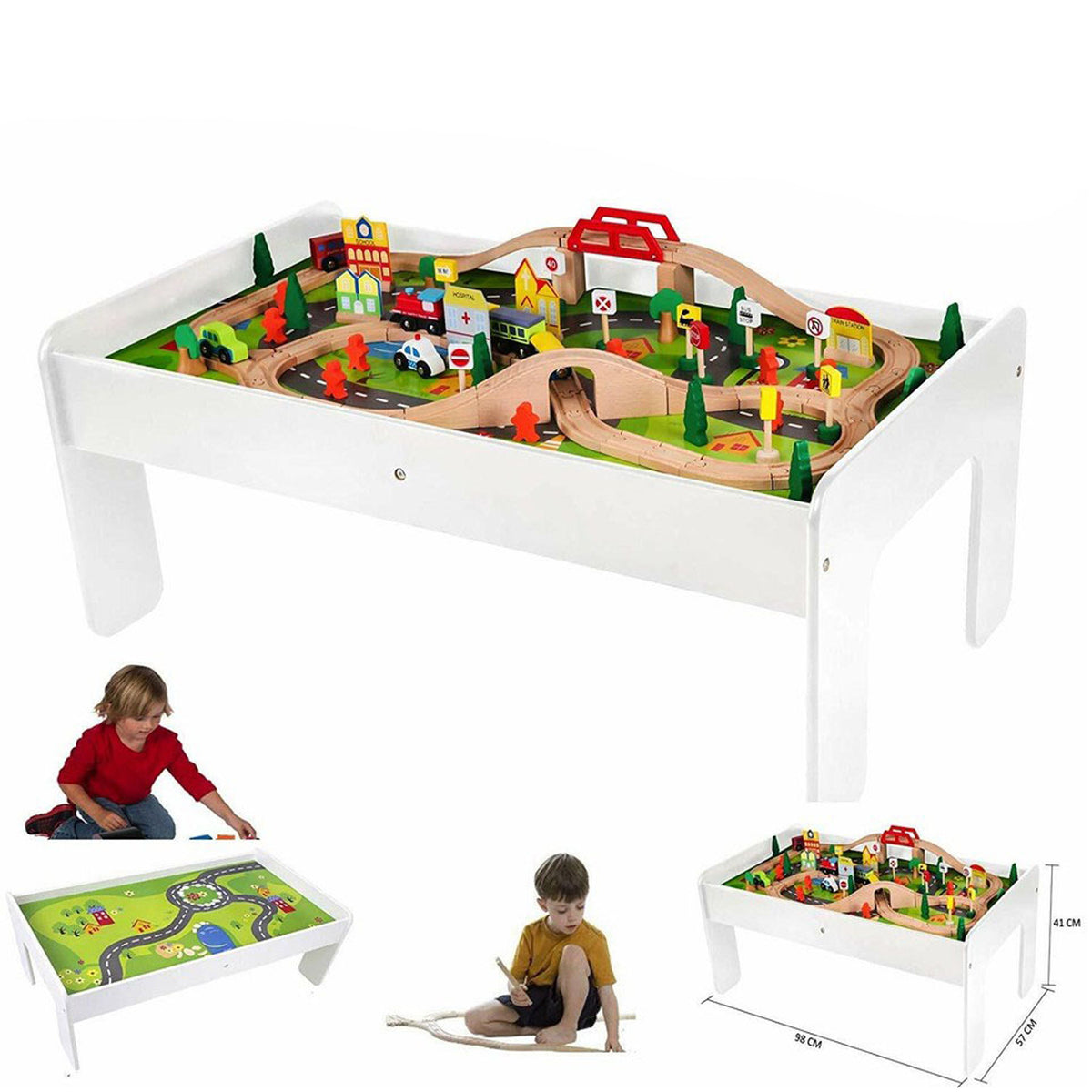 Kids Wooden Train Set & Table 90 Piece Railway Track Toy Playset Boys Girls 3+