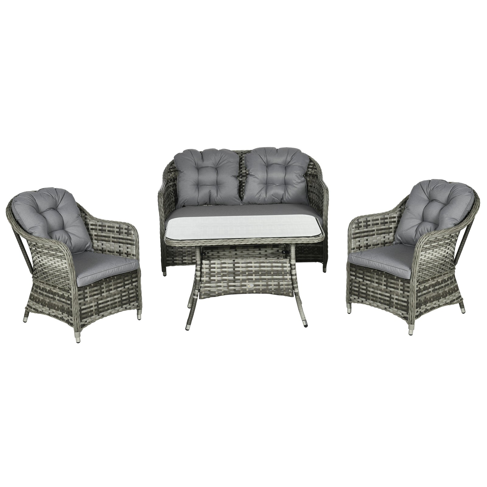 4 Pcs Rattan Set Padded Sofa W/ Glass Table