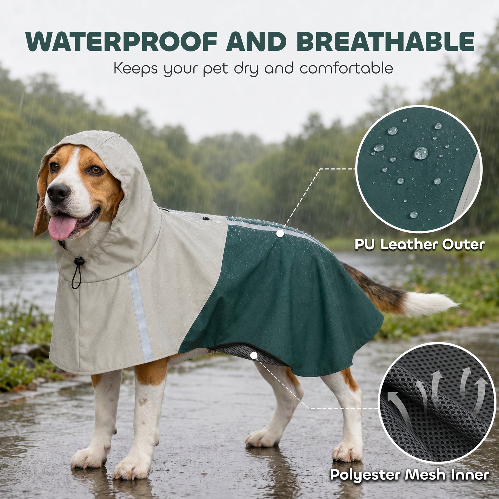 Dog Raincoat With Hood, Dog Rain Jacket | M | Green