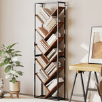 10 Tier Tree Bookshelf Industrial Tall Bookcase | Rustic Brown