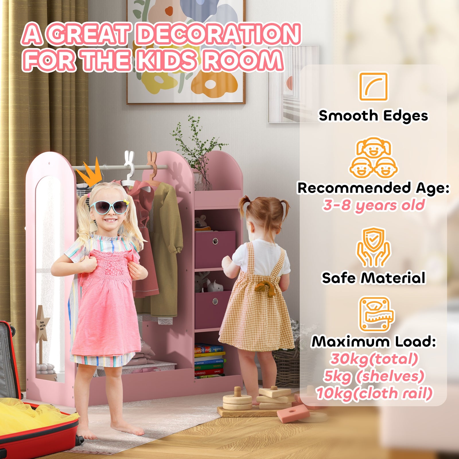 Kids Cloth Rail With Storage Shelf, Boxes, Mirror For Bedroom | Pink