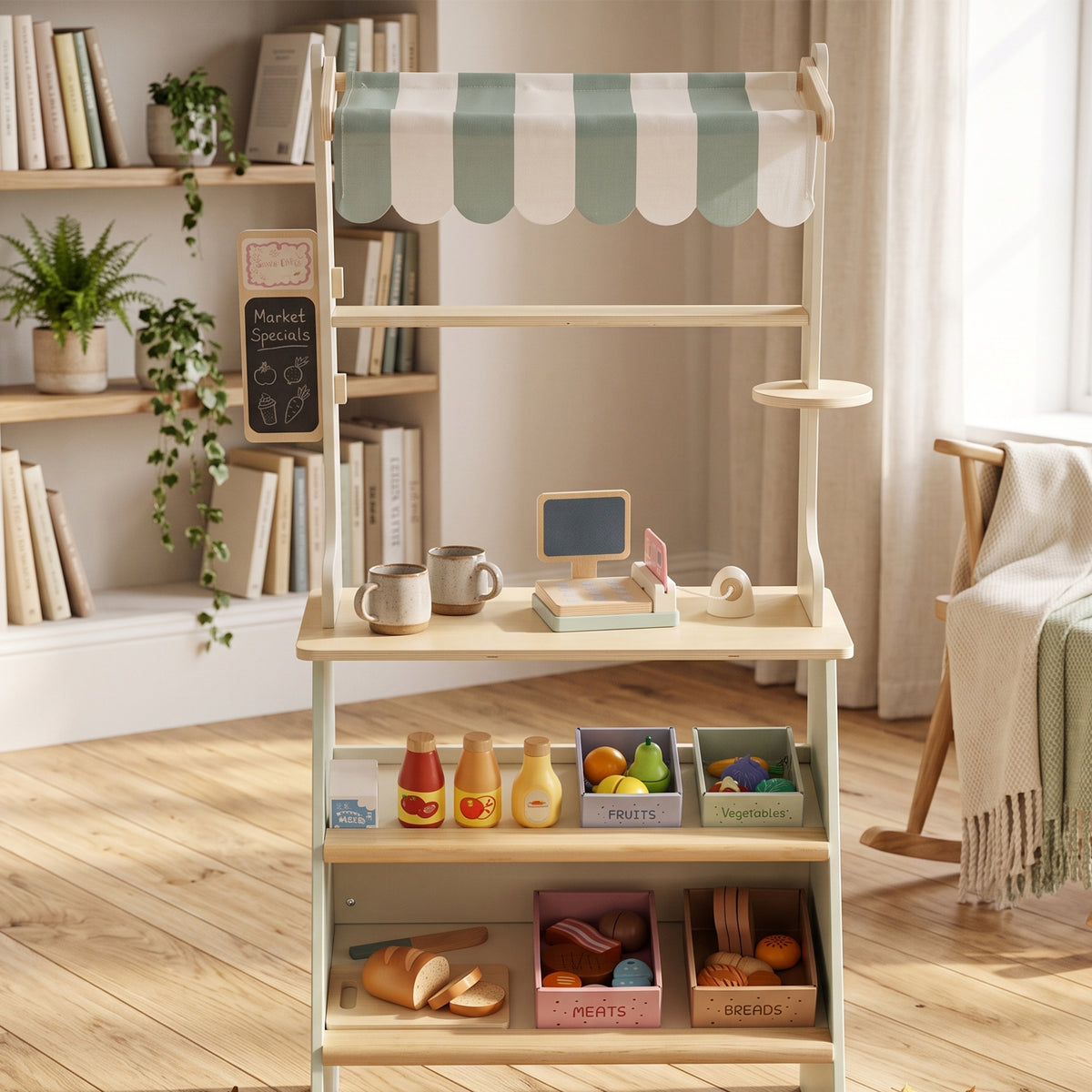 AIYAPLAY Wooden Toy Shop, Supermarket Role Play With 34 Accessories, Green