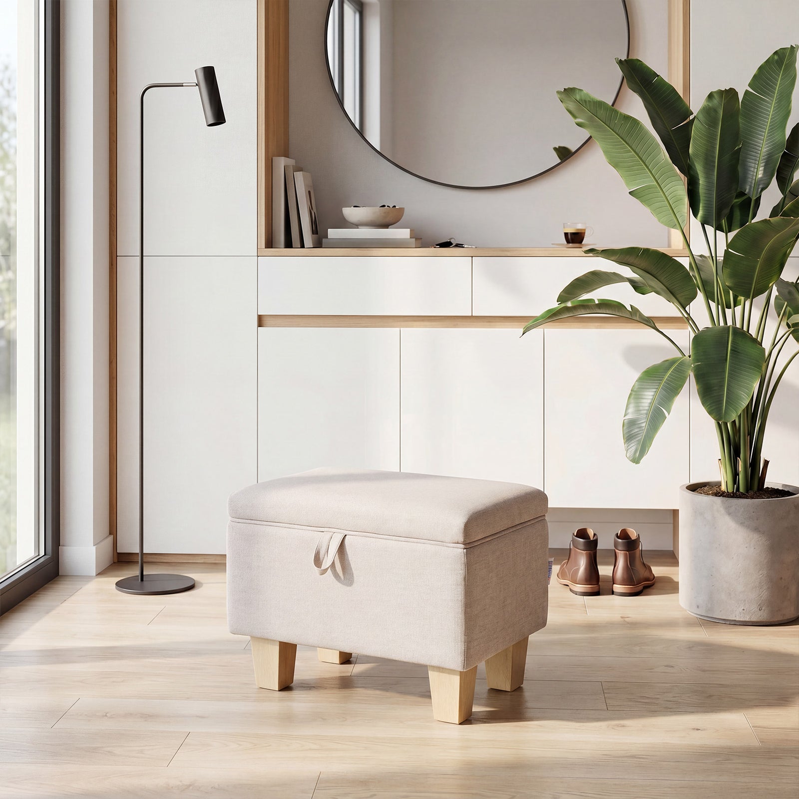 Linen Upholstered Storage Ottoman | Beige