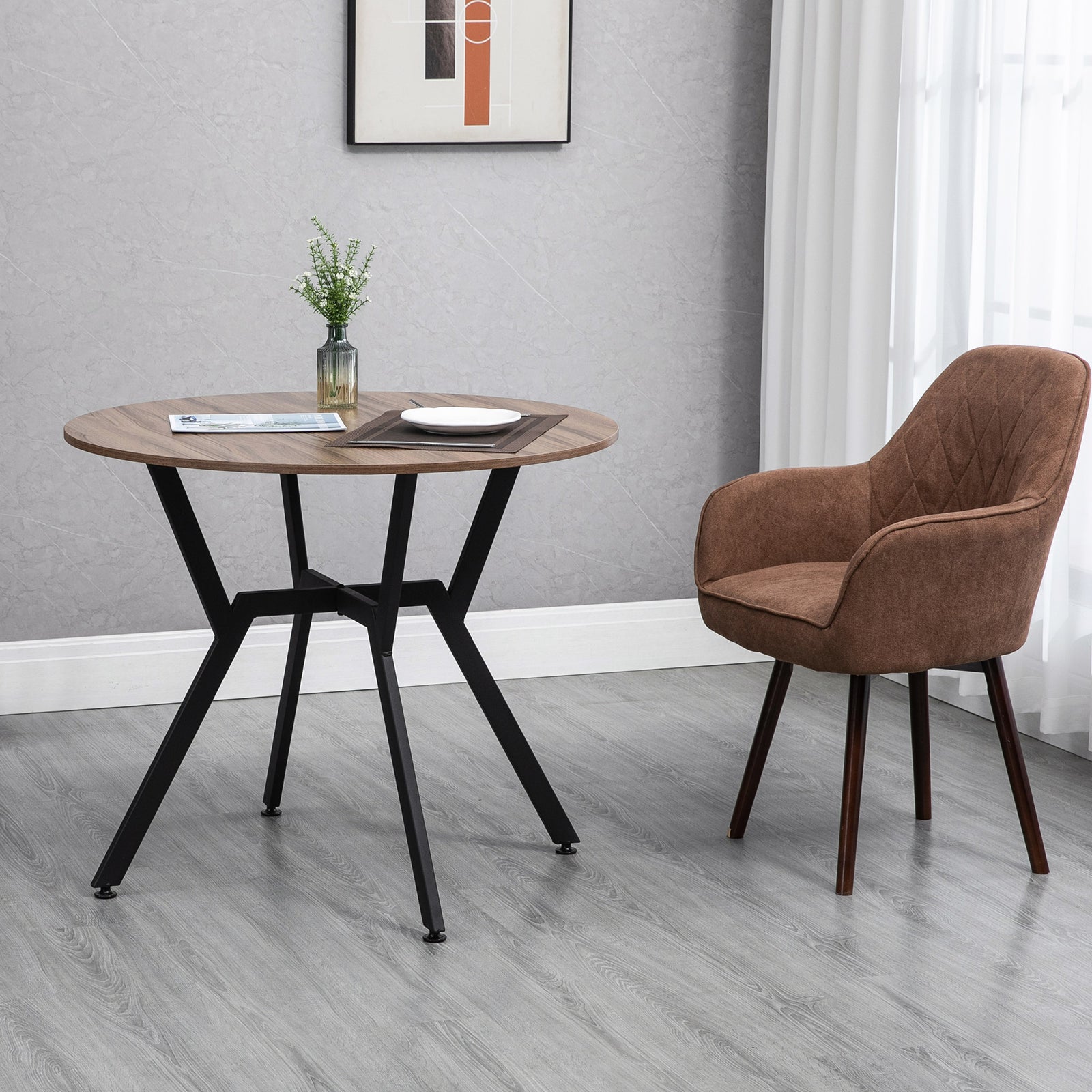 Dining Table With Round Top, Steel Legs, Brown