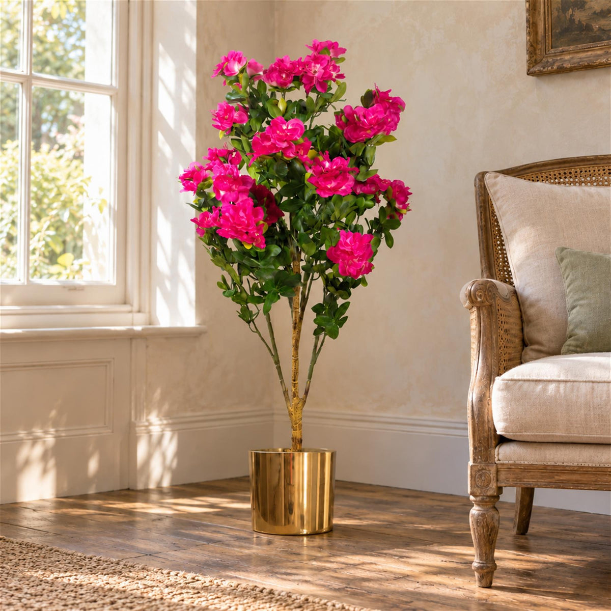 Artificial 100cm Realistic Artificial Azalea Pink Flowers Potted Plant With Gold Metal Planter