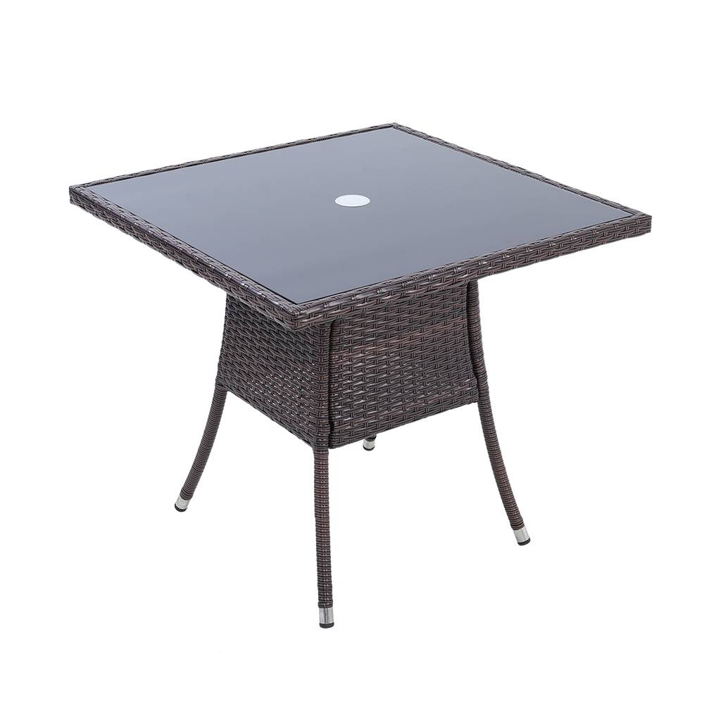 Brown PE Rattan Square Table with 5mm Black Silk-Printed Tempered Glass Top - 80cm X 72cm H