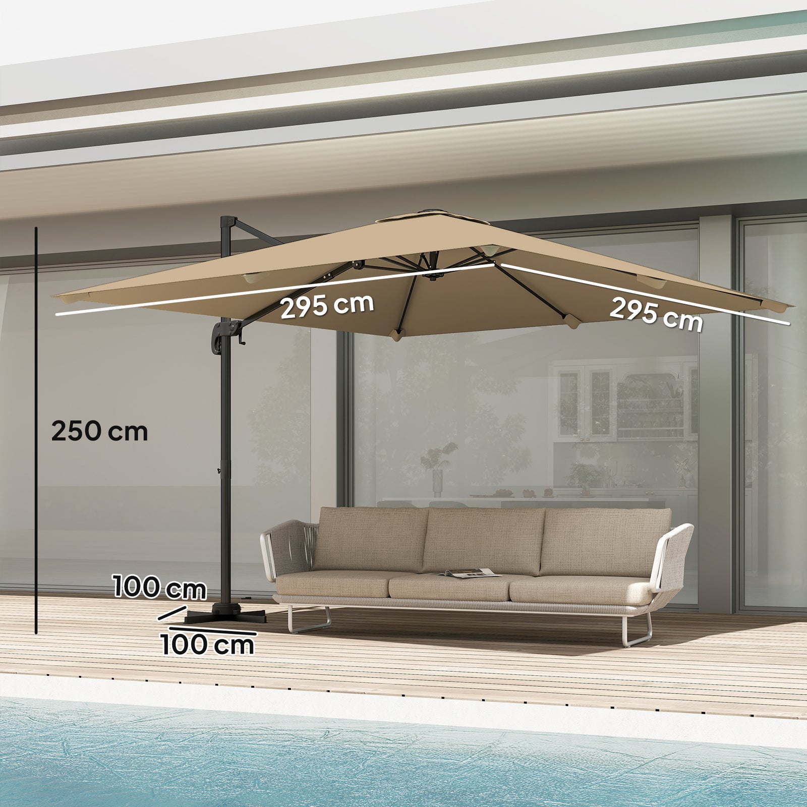 3 X 3 M Cantilever Parasol, Square Patio Umbrella With Crank Handle | Khaki