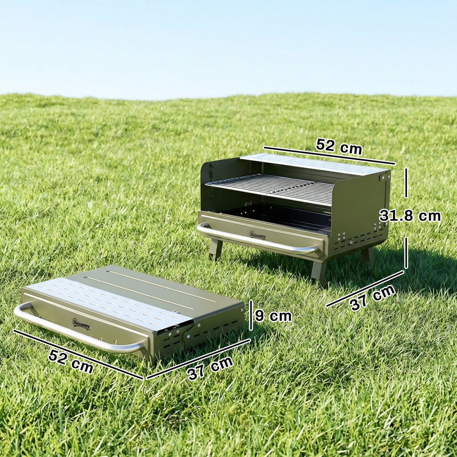 Portable Barbecue Grill With Adjustable Grates For Camping | Green