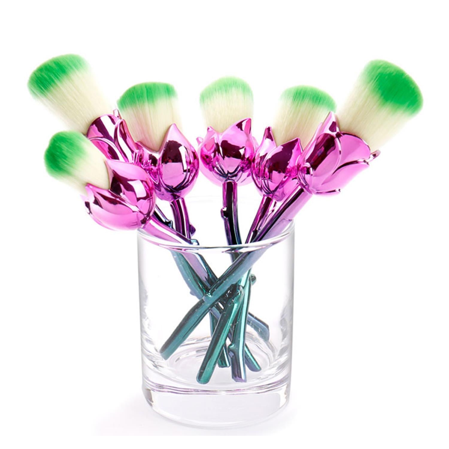 Aquarius 6pcs Rose Makeup Brush Set Pink Blue Flower Sculpted Handle Cosmetic Tool Kit