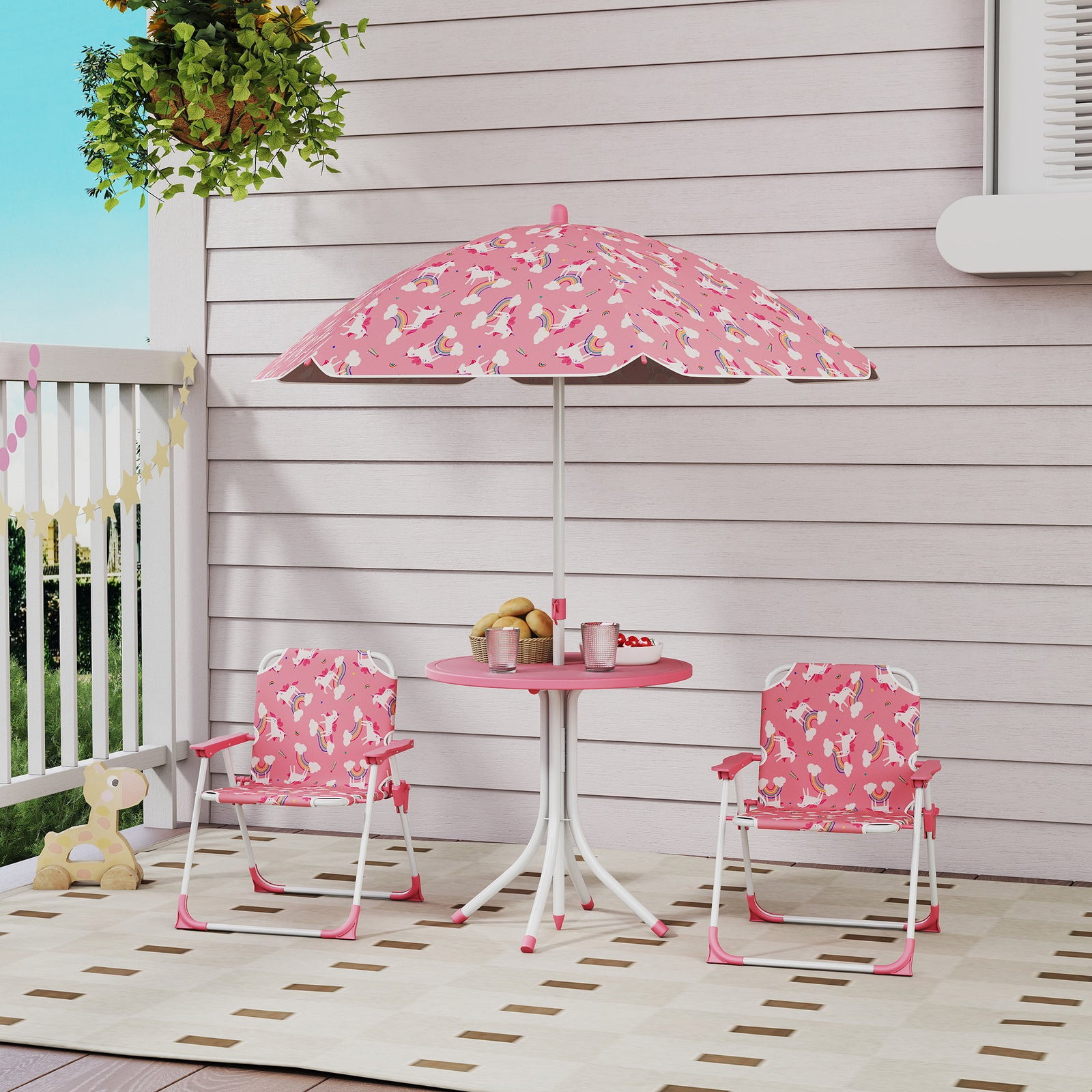 Kids Garden Furniture With 2 Folding Chairs And Umbrella, Pink