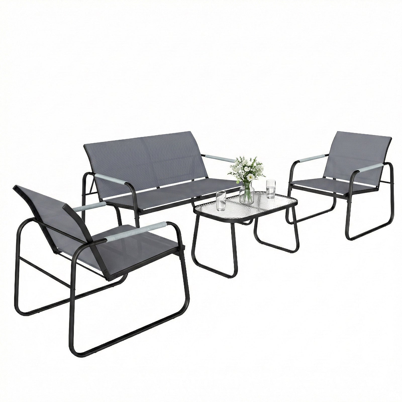 Outsunny Garden Sofa Set With Loveseat, 2 Armchairs, Tempered Glass Table