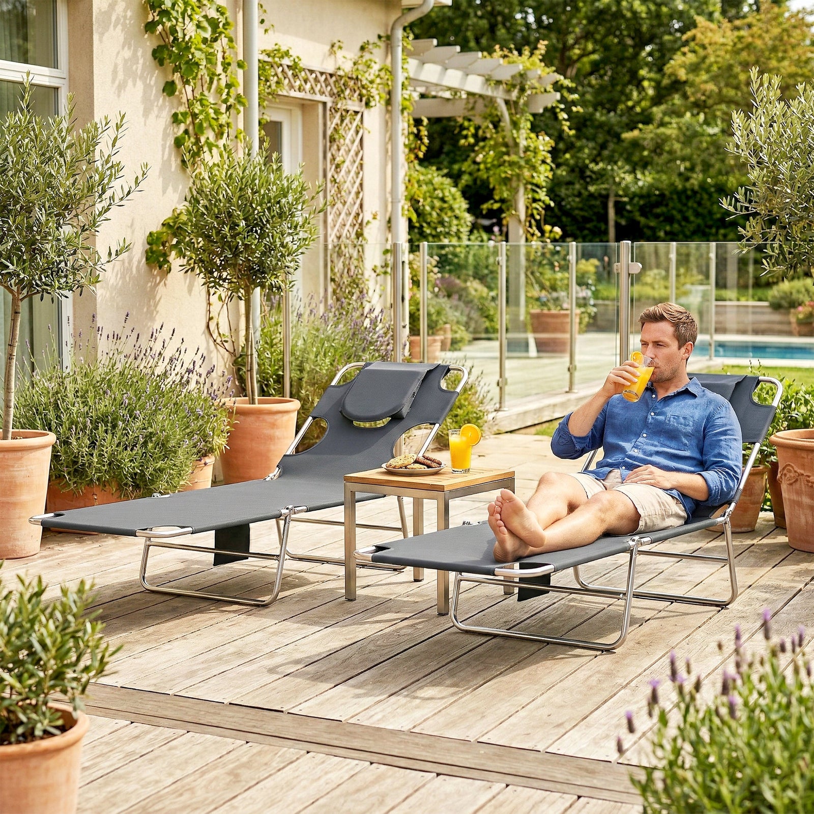 2 Sun Loungers With Reading Hole, Folding Garden Lounger | Dark Grey