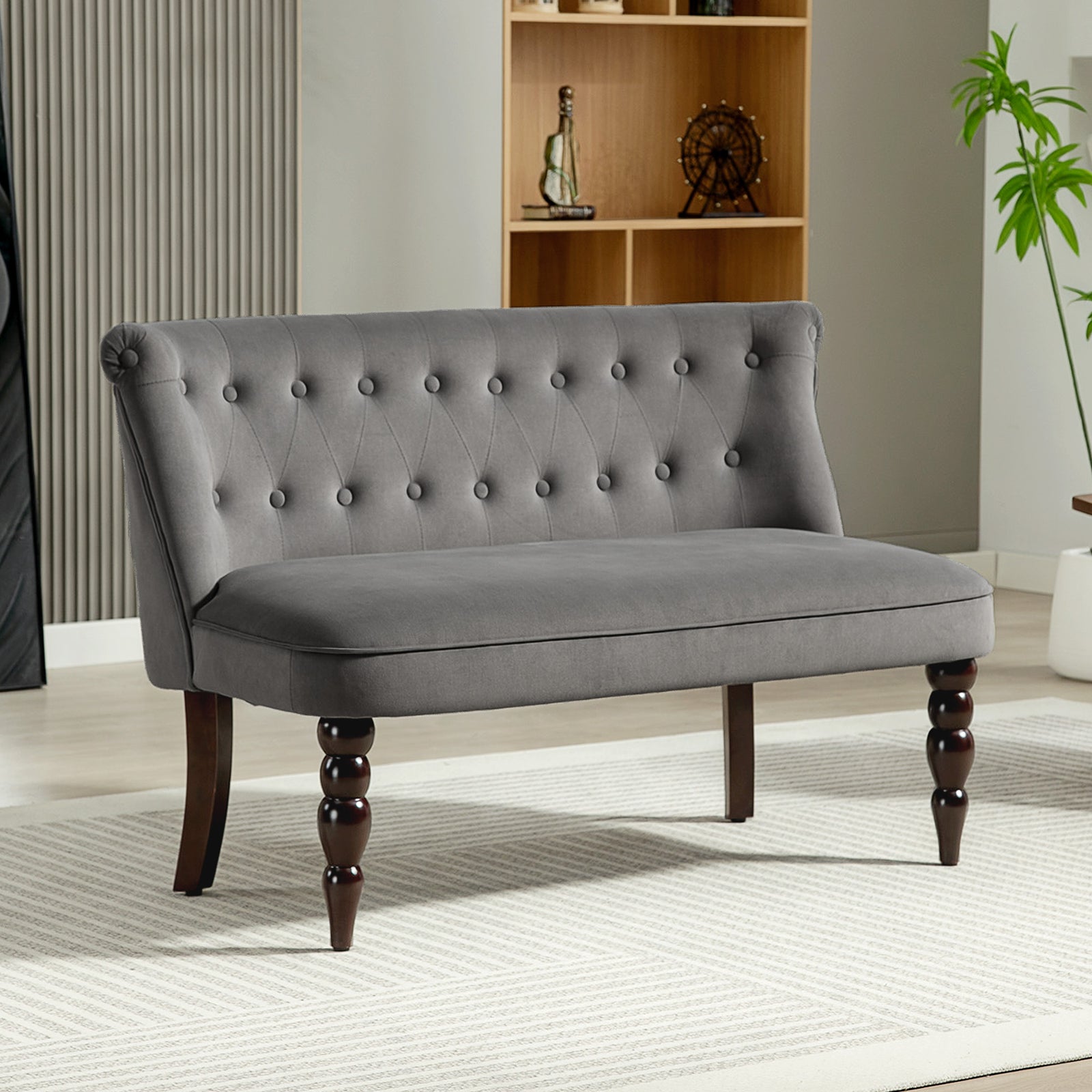 Velvet-feel Two-seat Lounger Sofa With Wood Frame | Charcoal Grey