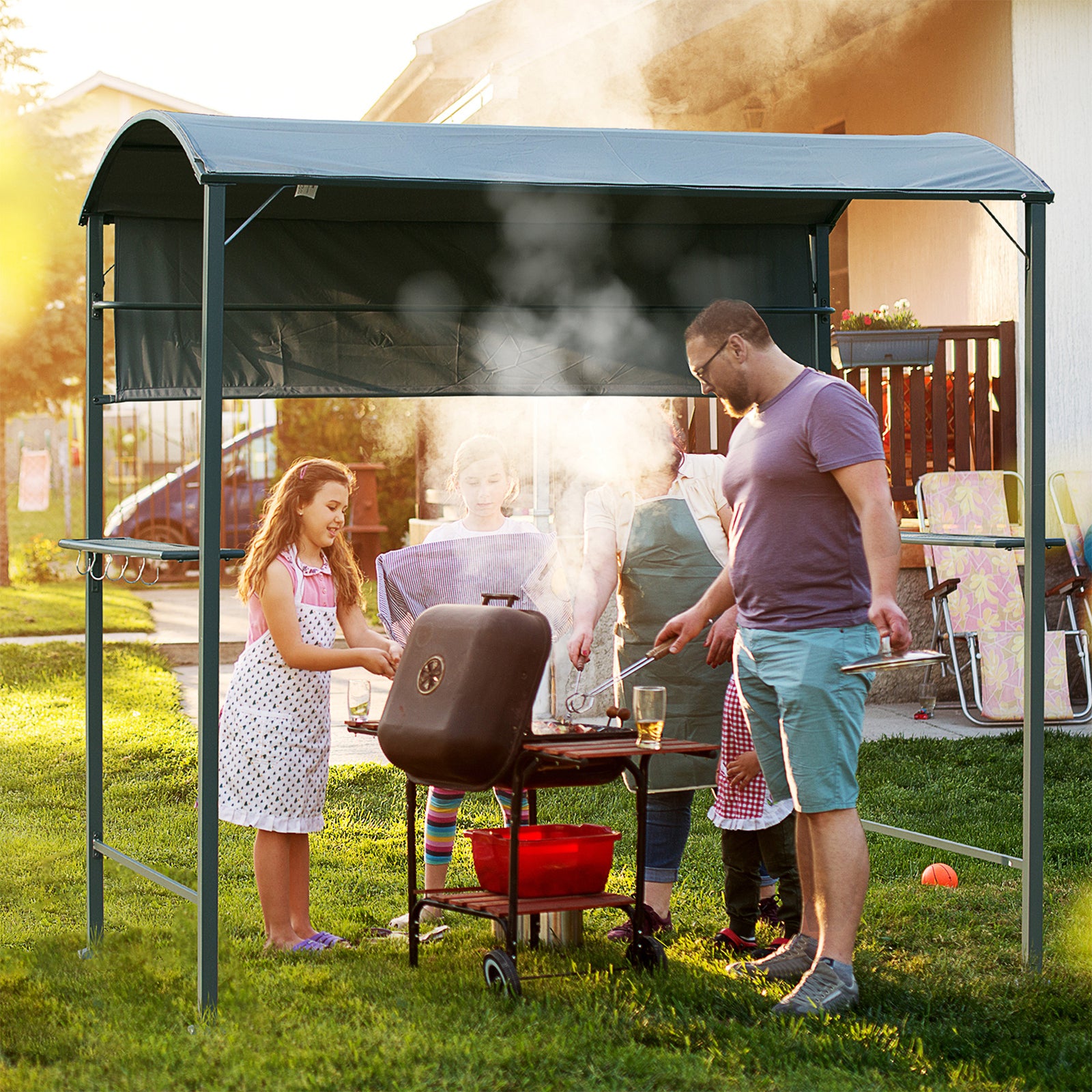 7ft Outdoor Double-tier Bbq Grill Canopy Gazebo With 2 Shelf