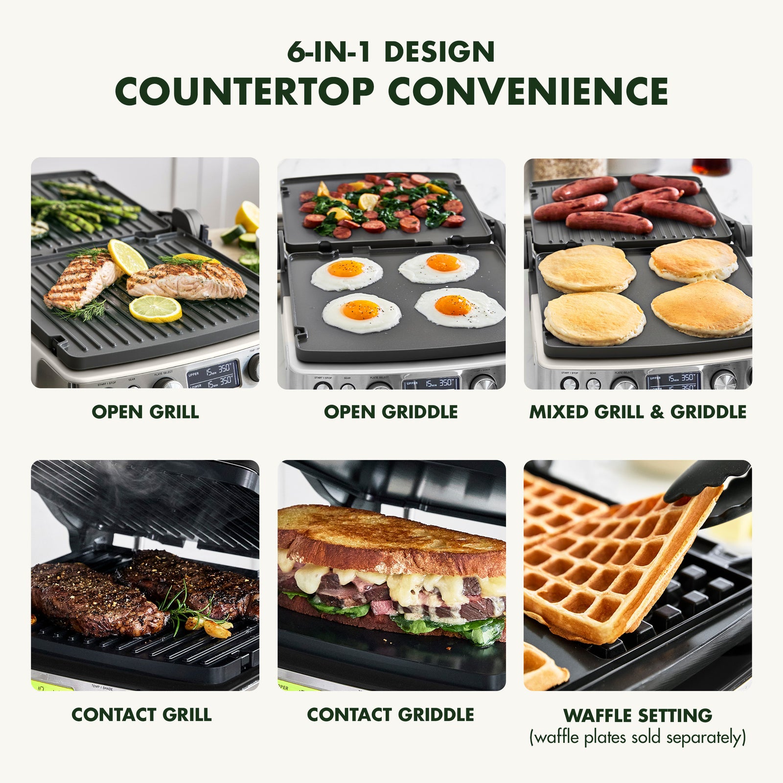 Elite 6-in-1 Contact Grill, Pfas-free Ceramic Non-stick, Adjustable Temperature | Silver