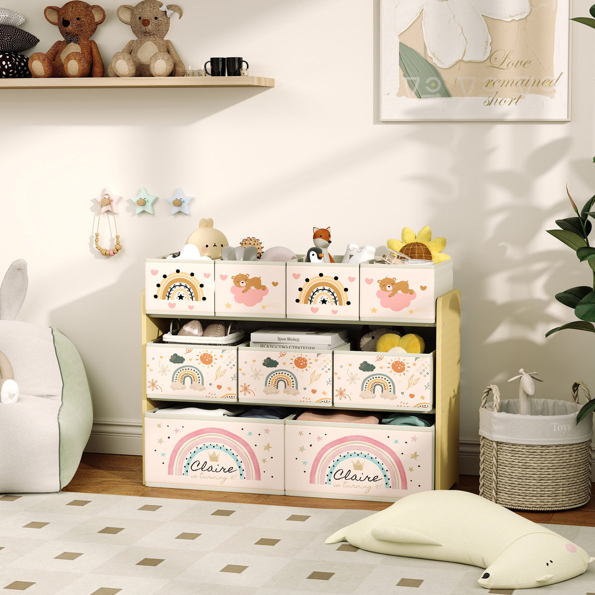 3-tier Toy Organiser Shelf With 9 Storage Boxes For Bedroom | Yellow