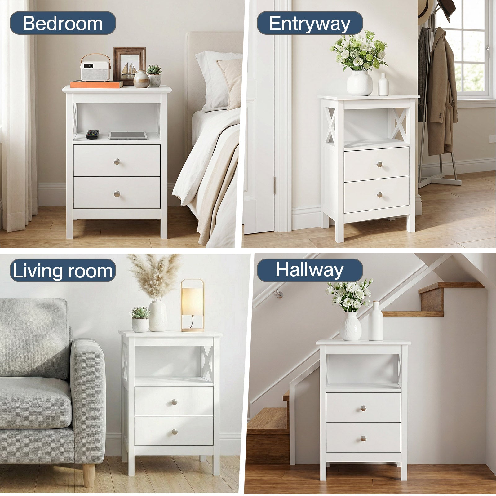 Bedside Table Wood Nightstand Cabinet 2 Storage Drawers Open Shelf | White