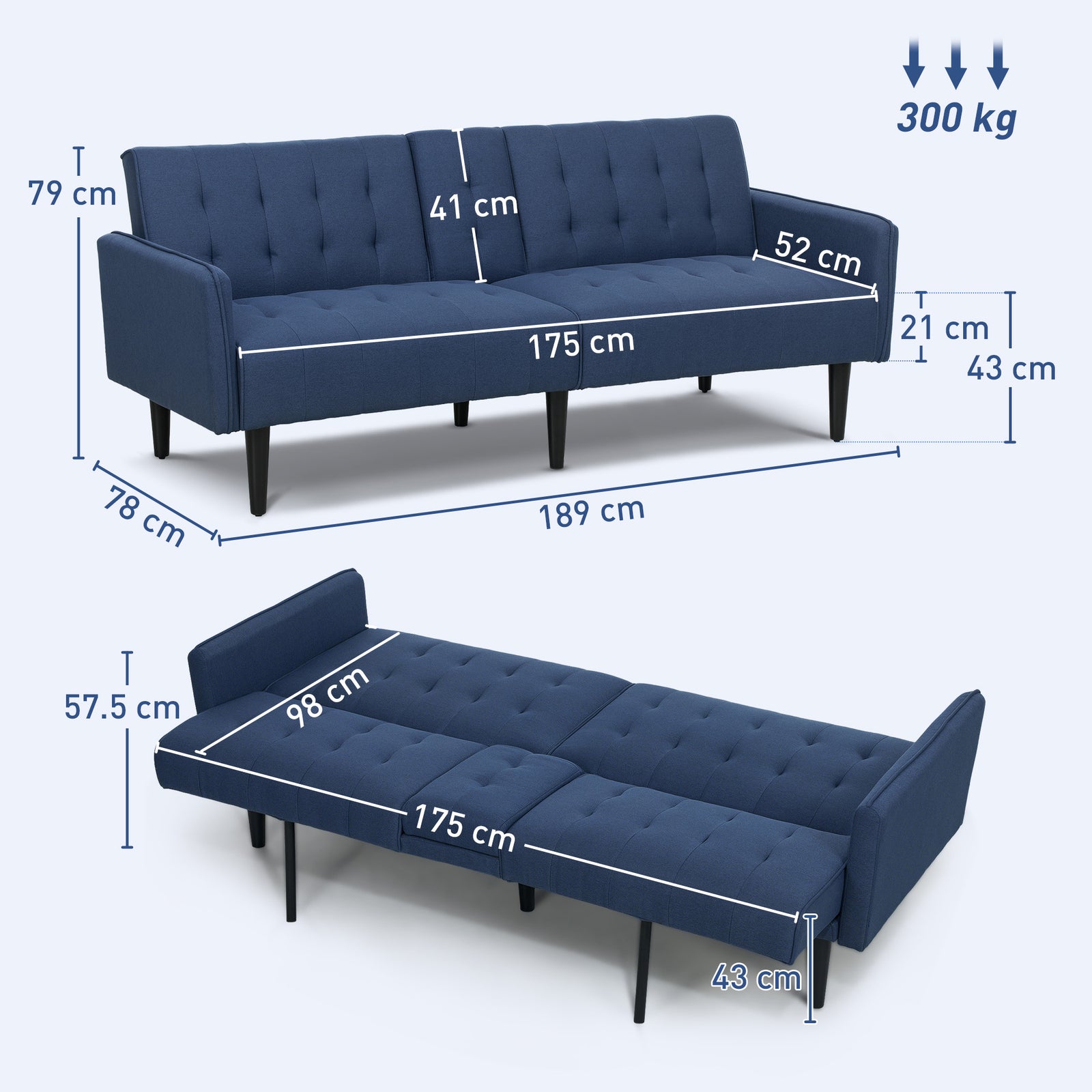 Upholstered Sofa Bed 3 Seater Home Theatre With Storage | Blue