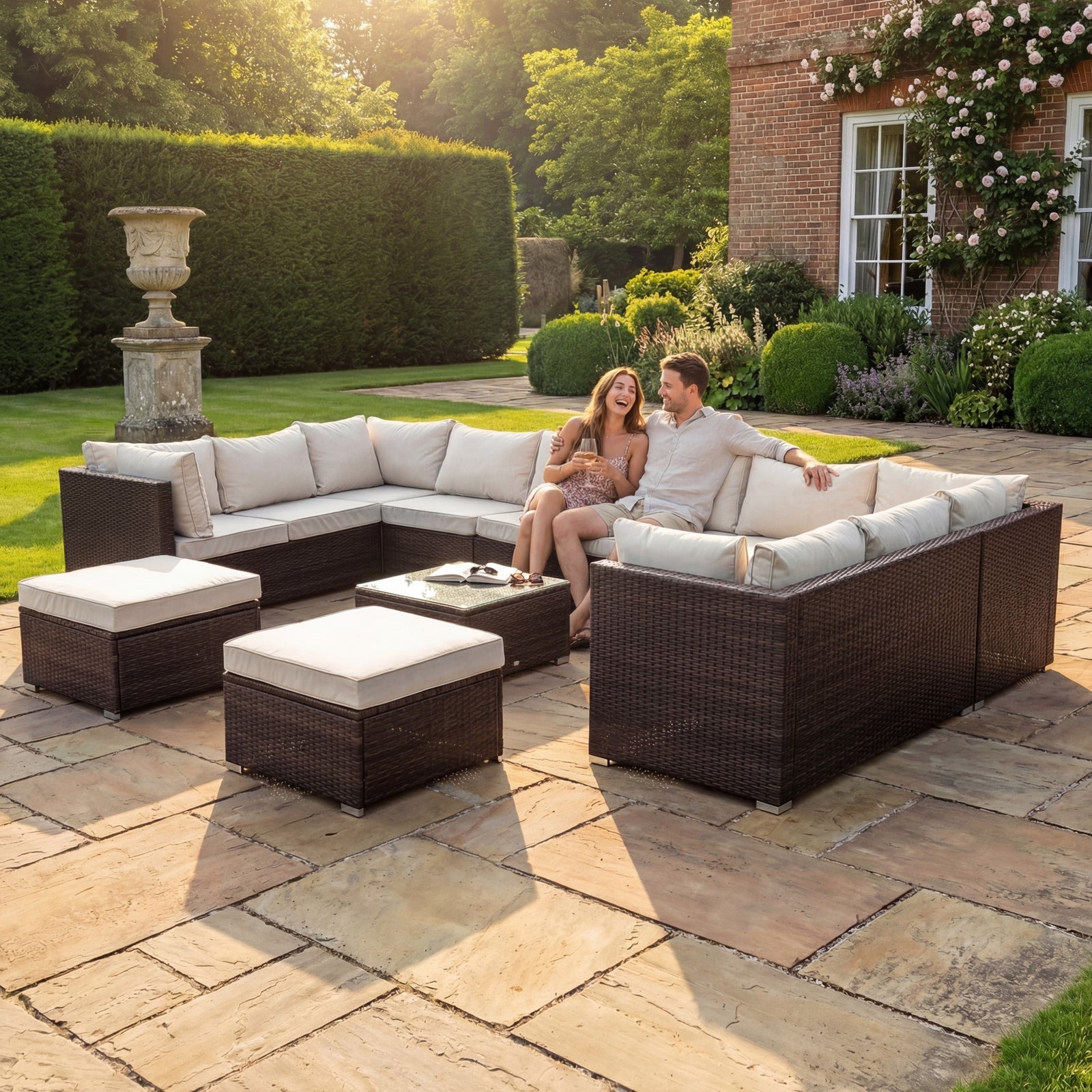 Oliena 12 Seat Modular Rattan Large U-shape Garden Furniture | Cream & Brown