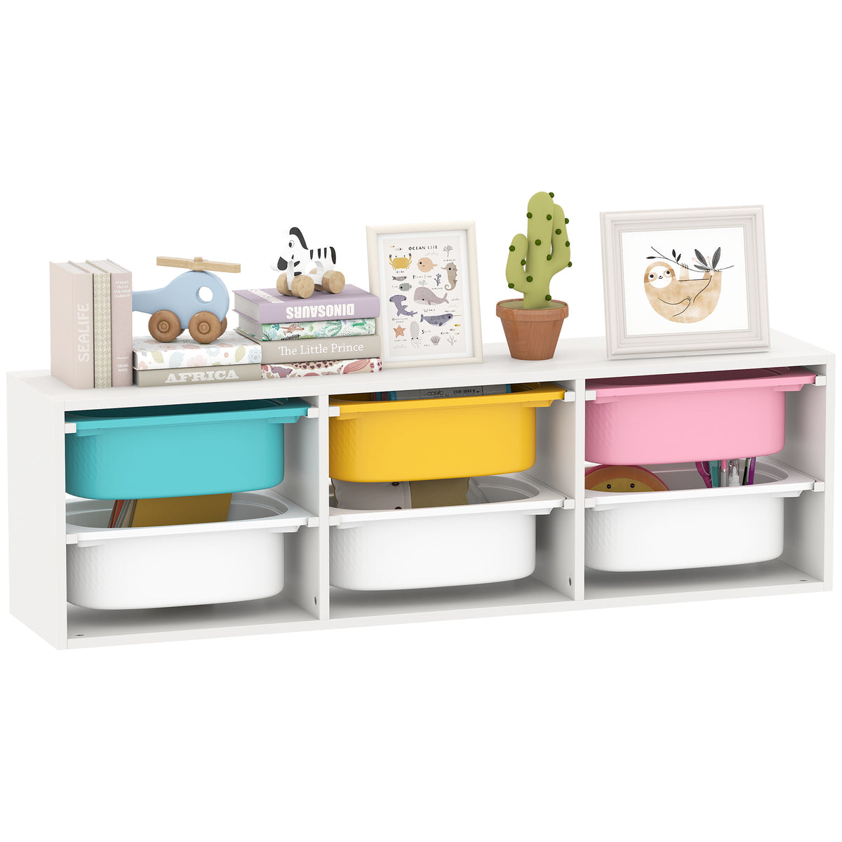 AIYAPLAY 2 Tiers Toy Storage Organiser With 6 Plastic Bins, Low Height