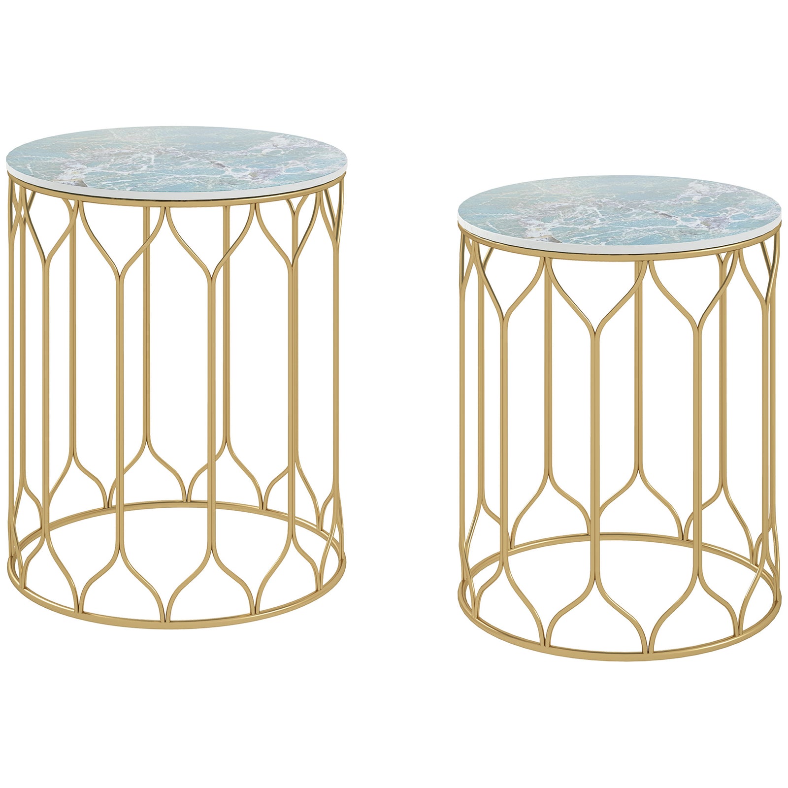 Nesting Small Garden Table Set Of 2 W/ Marble Effect Top | Multi Colour