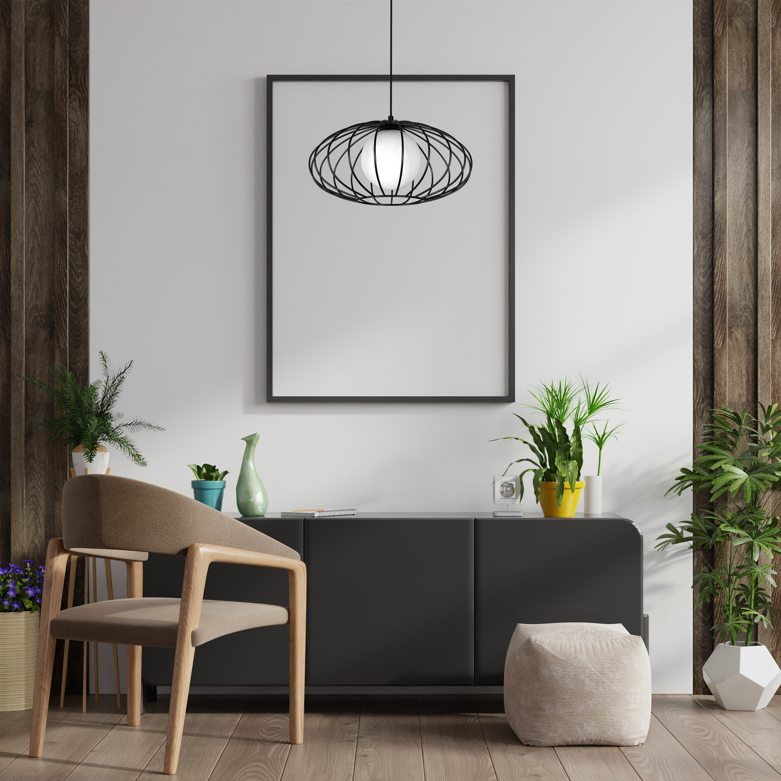 Kronos Pendant Lamp 1xe14 Industrial Chic With The Flattened Cage Surrounding The Elegant Glass Shade