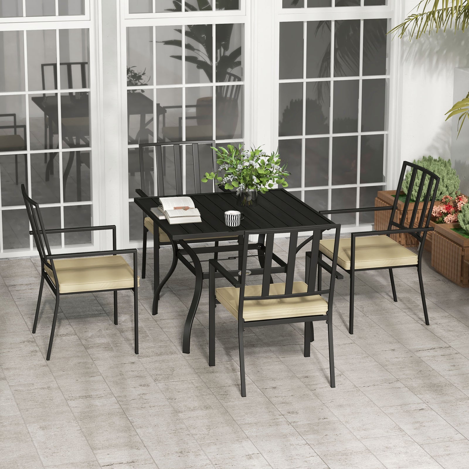 Garden Dining Set W/ Cushioned Chairs & Metal Table